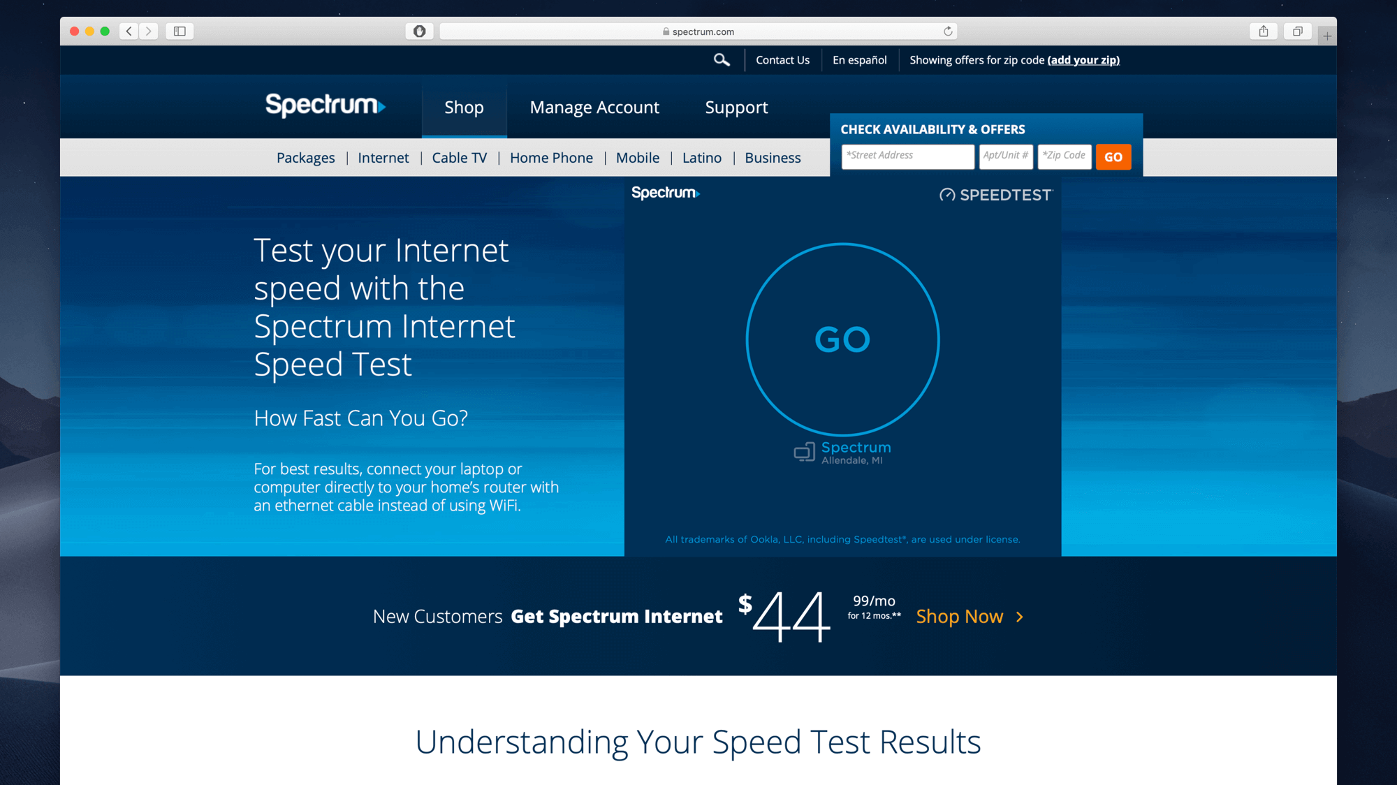 spectrum speed test ookla